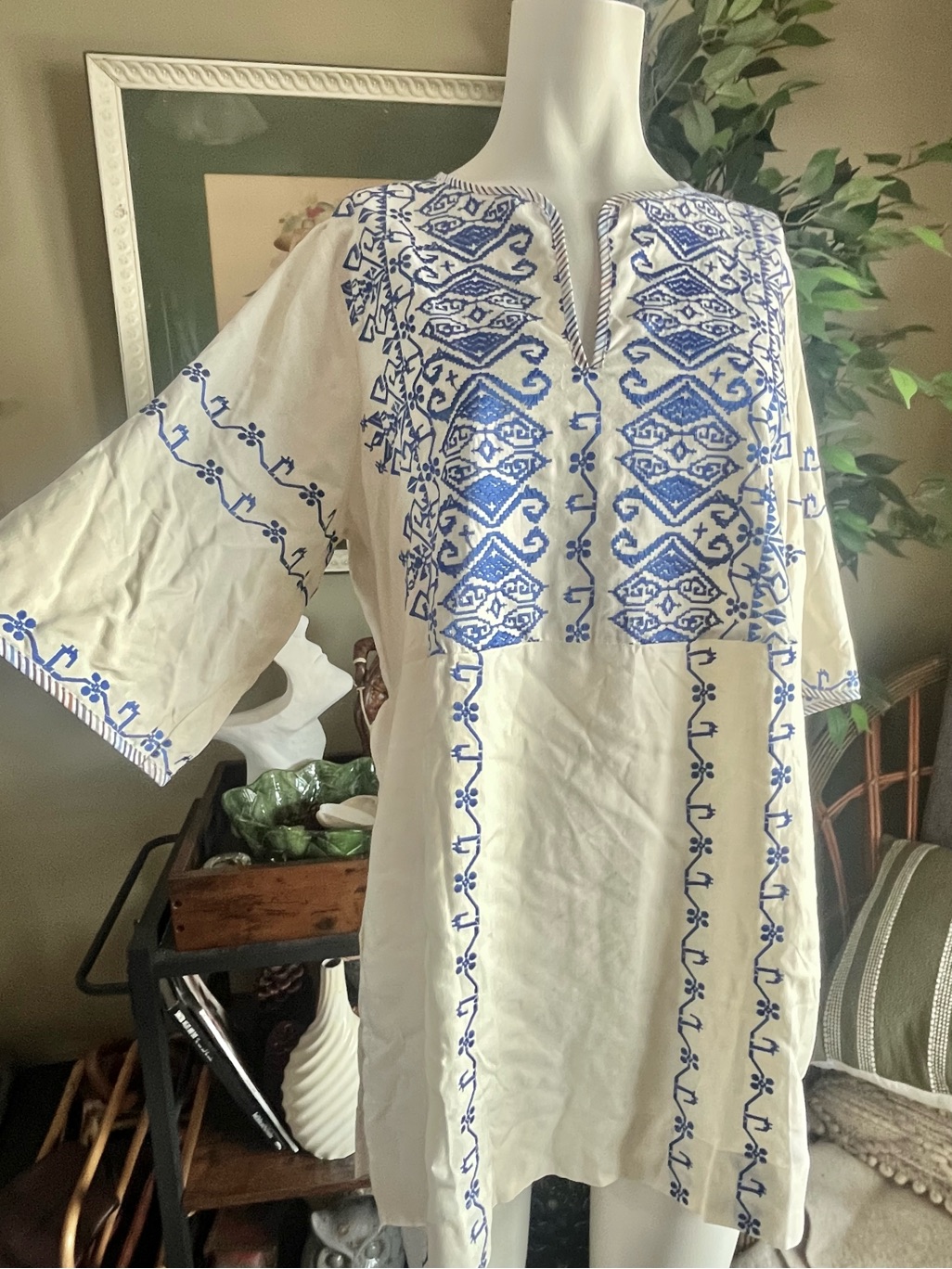 Anthropologie Nwt Cotton Top With Blue Embroidery